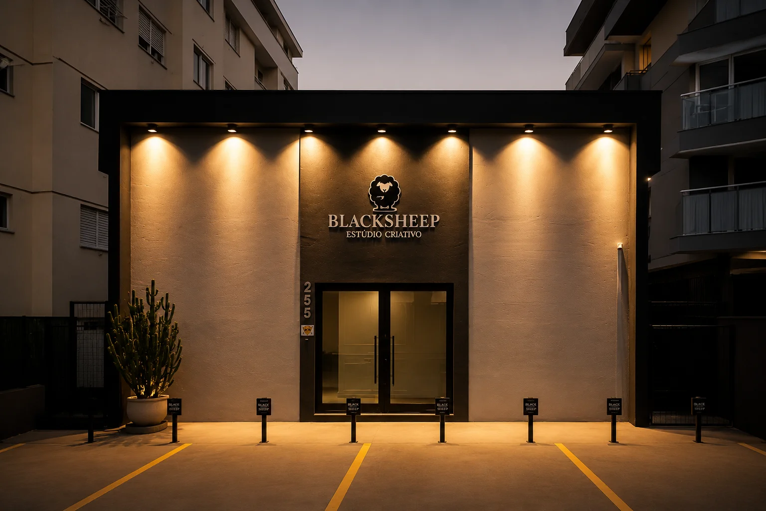 Fachada iluminada do BlackSheep Estúdio Criativo na Rua Siena, 255 — Palhoça/SC