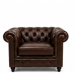 Poltrona Chesterfield marrom em couro capitonê do acervo do estúdio