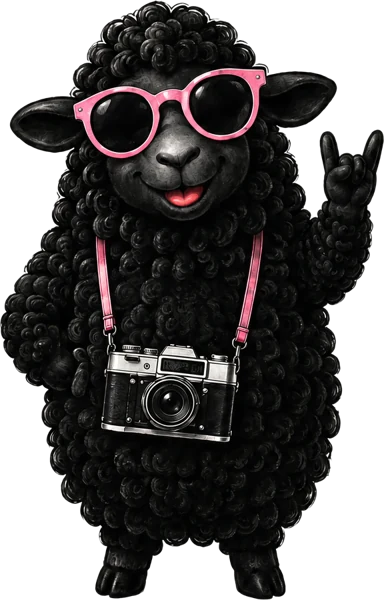 Mascote BlackSheep: ovelha preta de óculos rosa